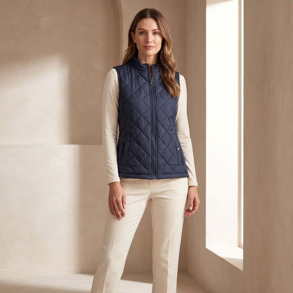 Gilet donna trapuntato senza maniche, colore blu, figura intera