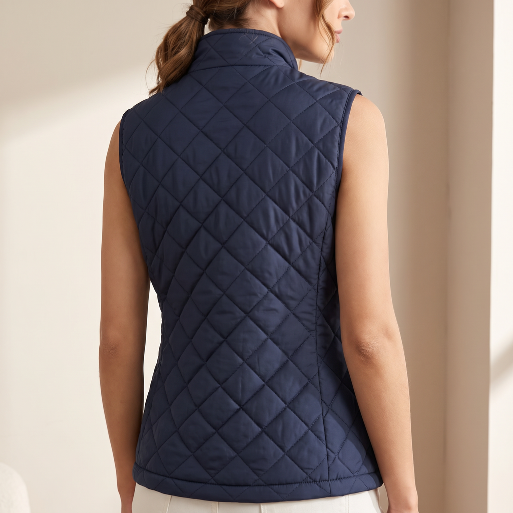 Gilet donna trapuntato senza maniche, colore blu, vista posteriore