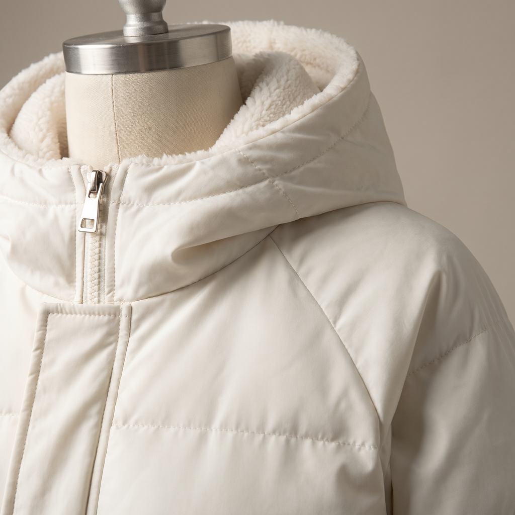 Dettaglio del cappuccio e della zip del giubbotto donna imbottito bianco