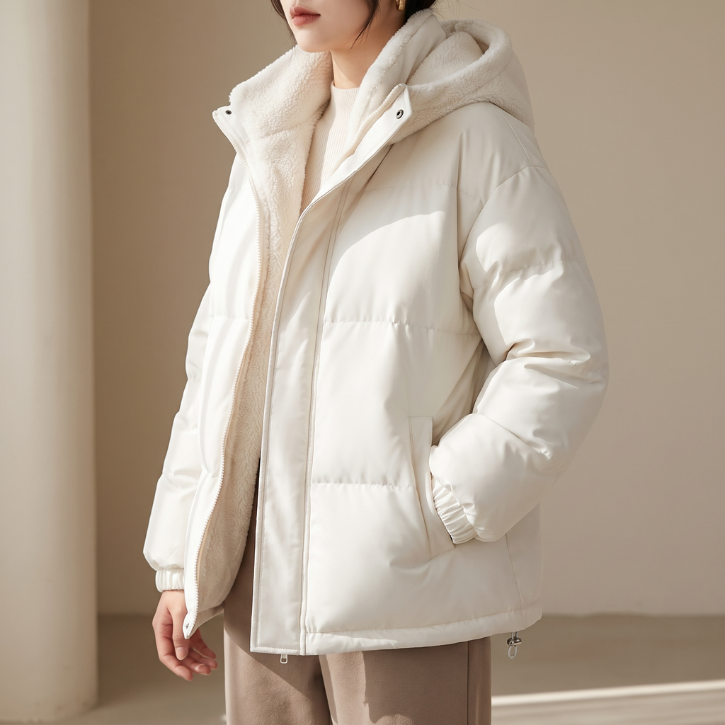Giubbotto donna imbottito bianco con cappuccio e zip frontale, vista frontale