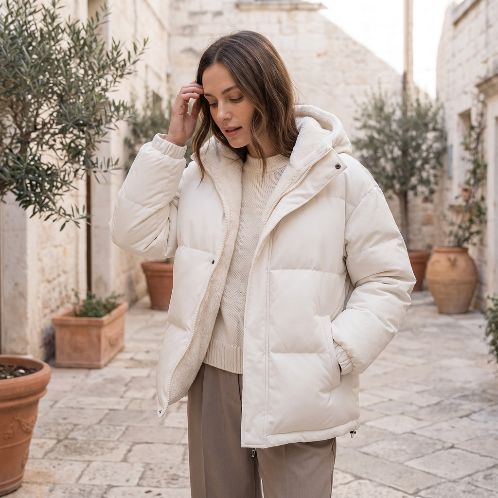 Giubbotto donna imbottito bianco indossato all'aperto