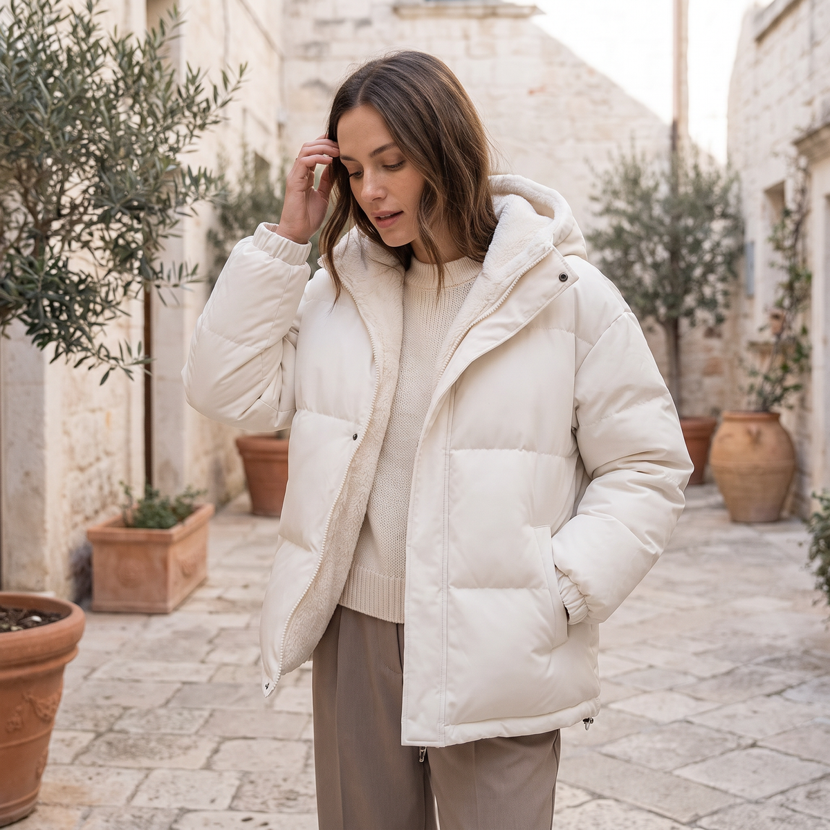Giubbotto donna imbottito bianco indossato all'aperto