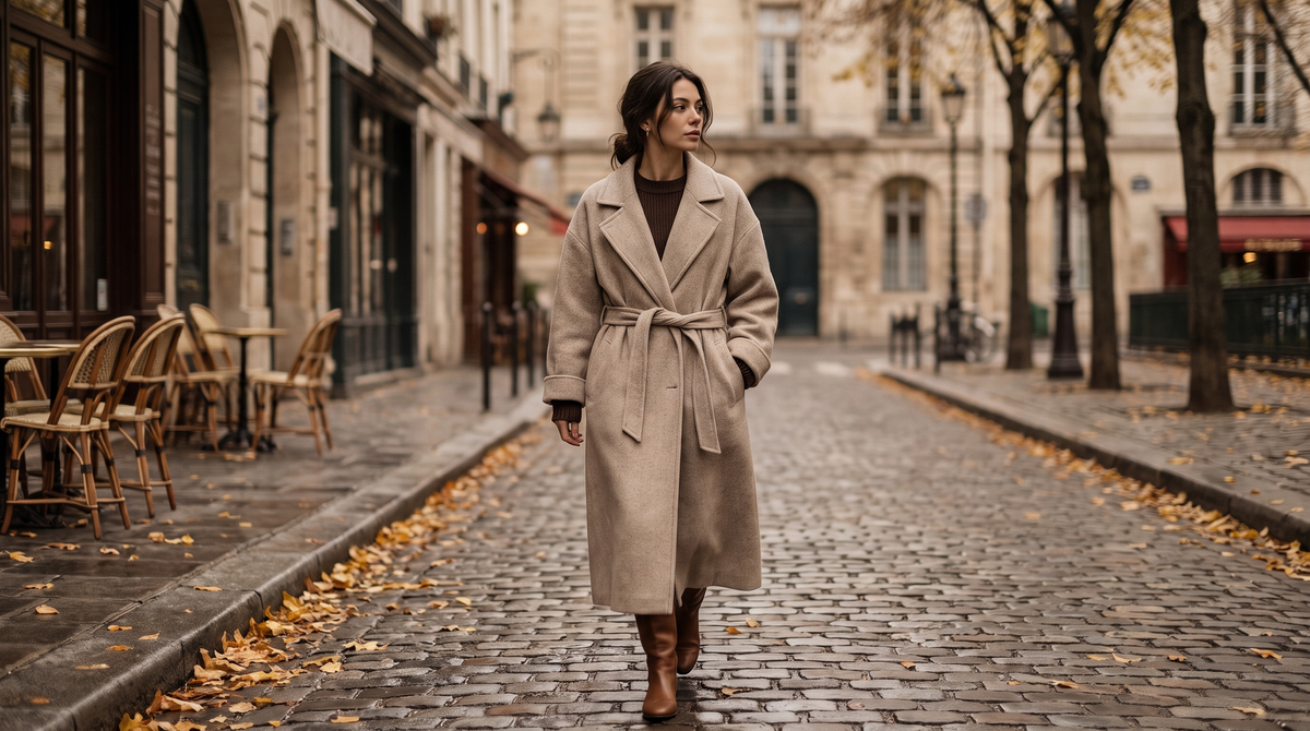 Donna con cappotto lungo color avena in una via europea in autunno