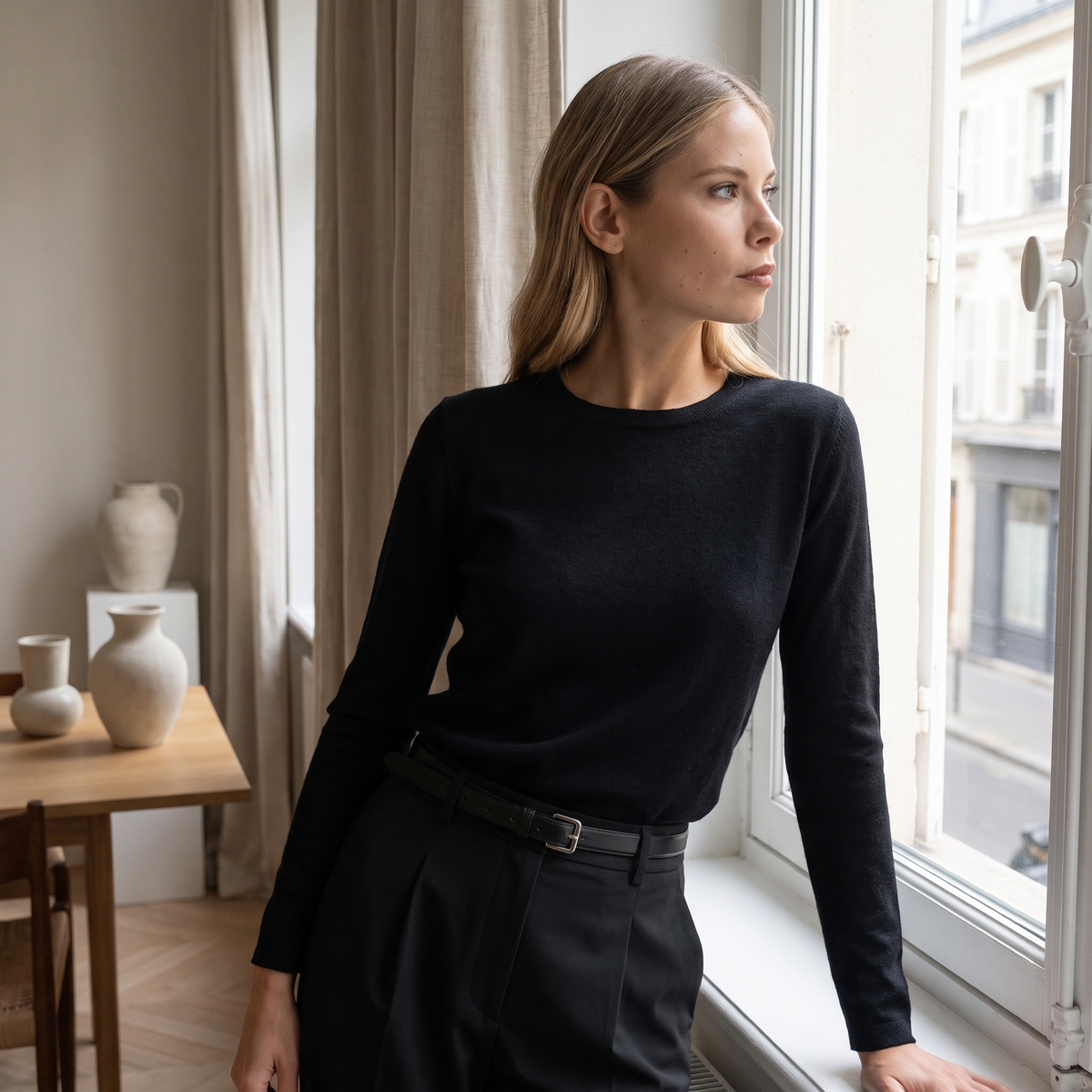 Maglia donna nera con scollo a barchetta indossata in contesto quotidiano