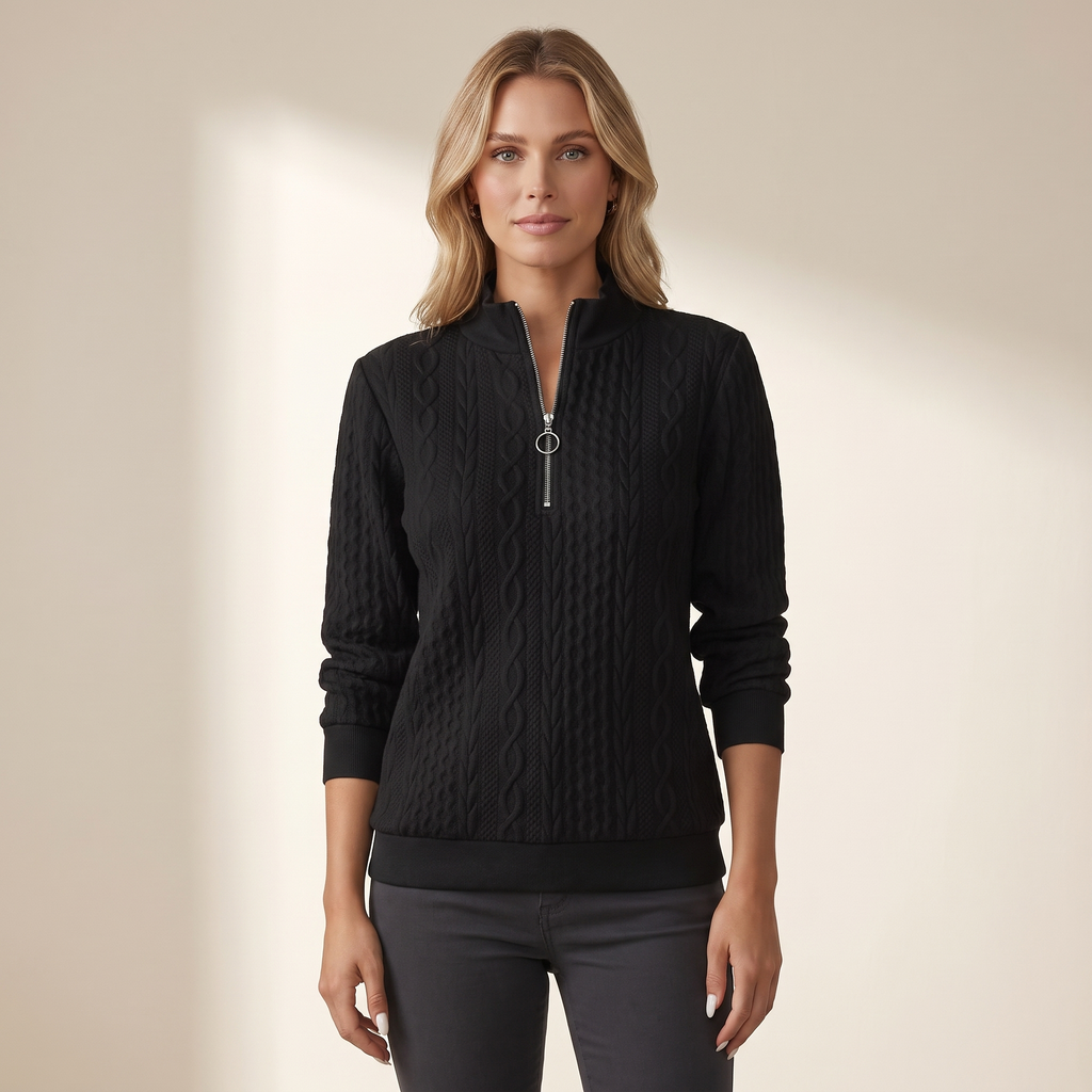 Maglione donna collo alto con zip e trama a trecce, vista frontale