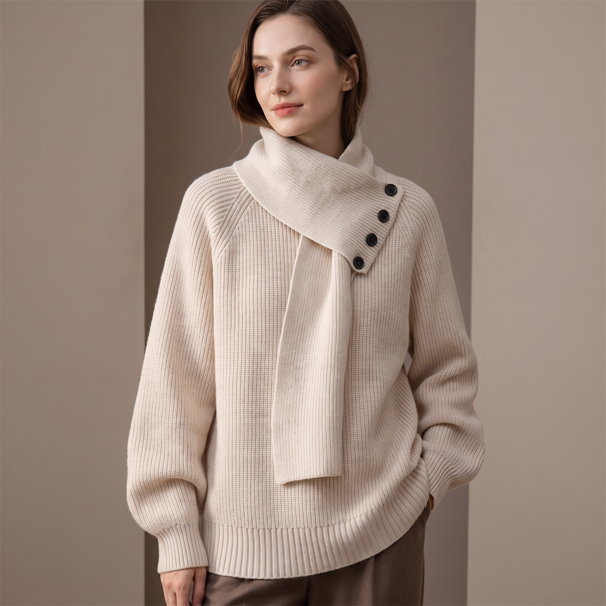 Maglione donna con collo a scialle e bottoni in beige