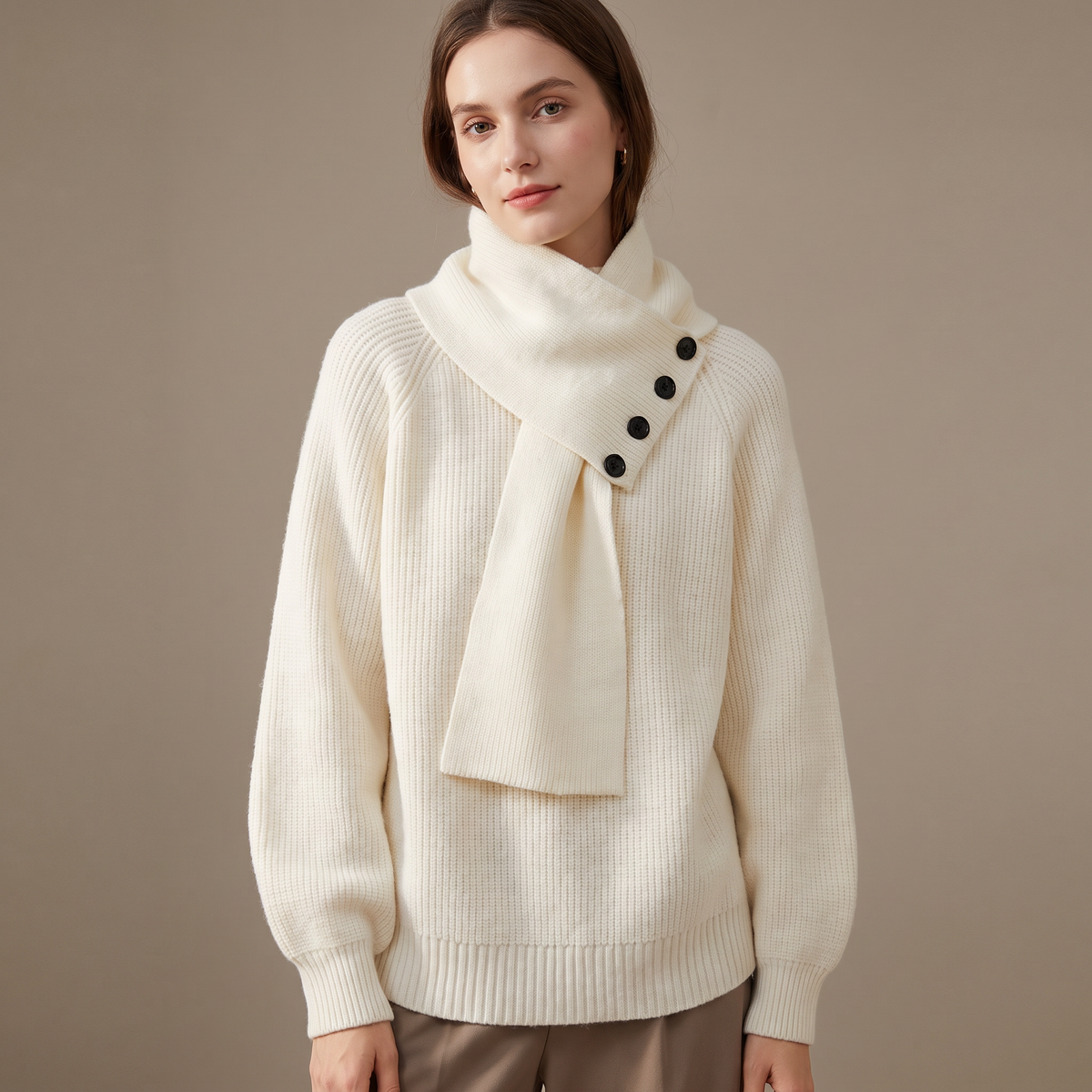 Maglione donna con collo a scialle e bottoni in bianco, indossato