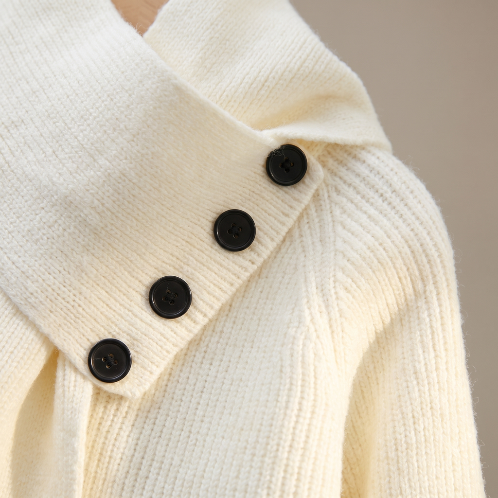 Dettaglio del collo a scialle e dei quattro bottoni del maglione bianco