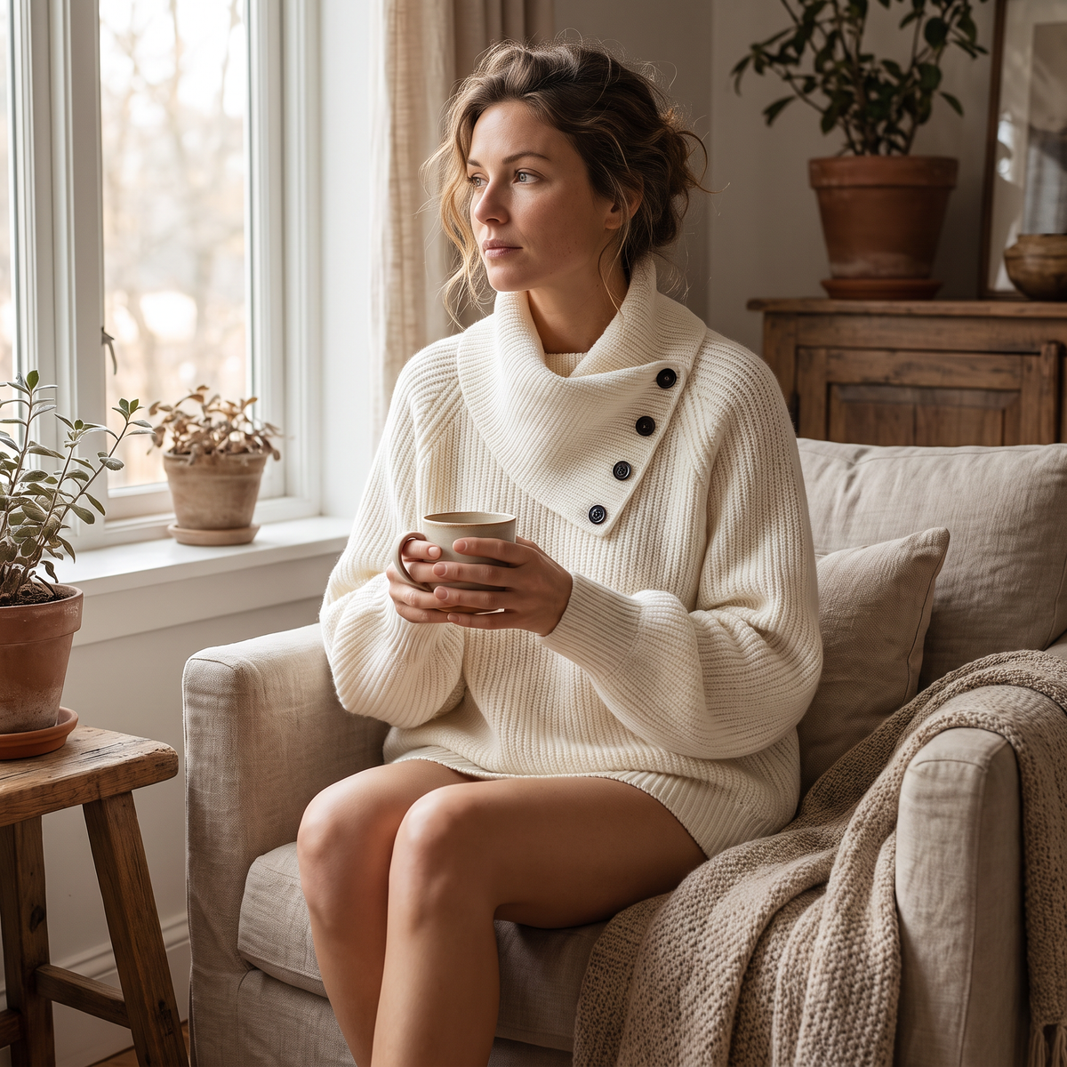 Maglione donna con collo a scialle in bianco indossato in interni