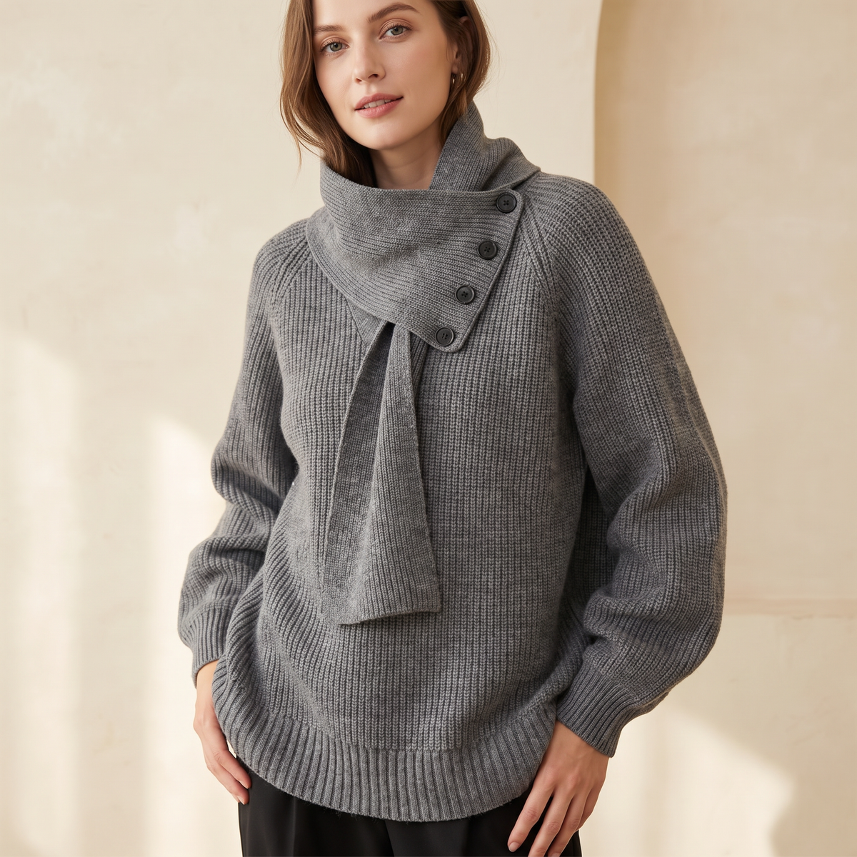 Maglione donna con collo a scialle e bottoni in grigio