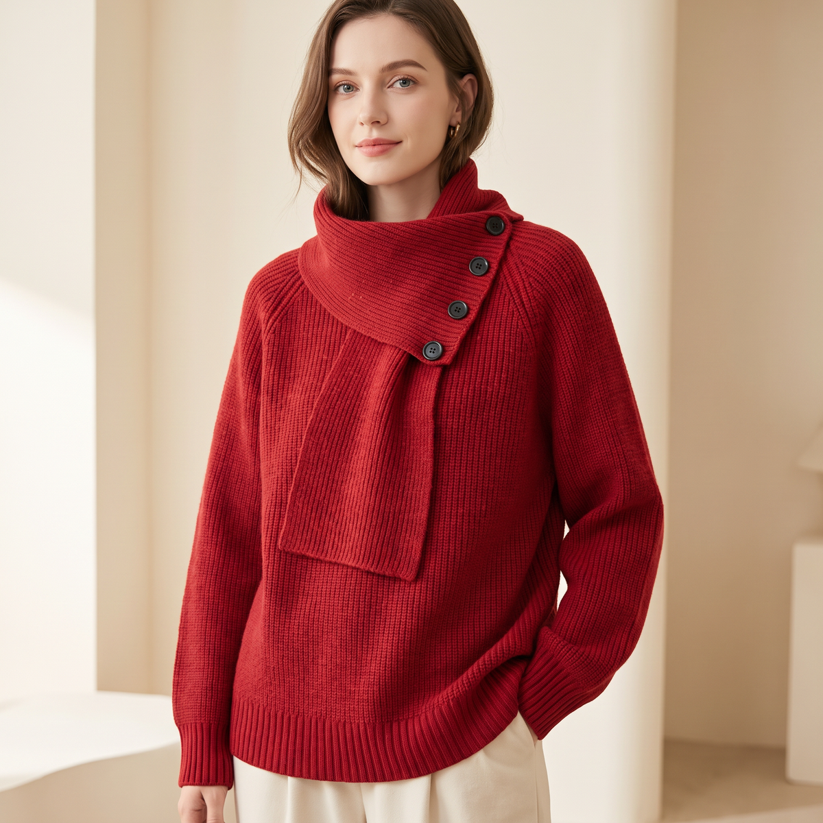Maglione donna con collo a scialle e bottoni in rosso