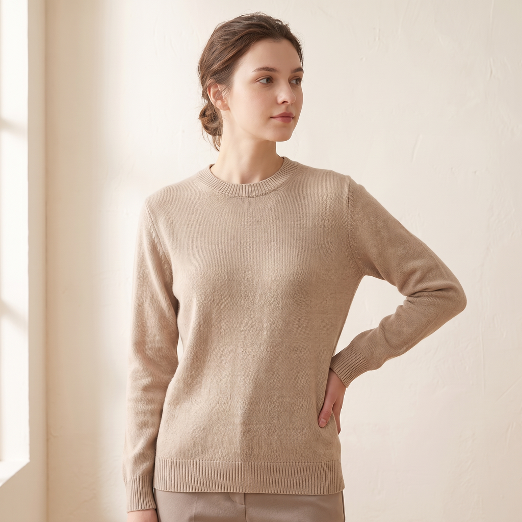 Maglione donna girocollo beige indossato
