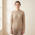 Maglione donna girocollo beige a maniche lunghe, vista frontale