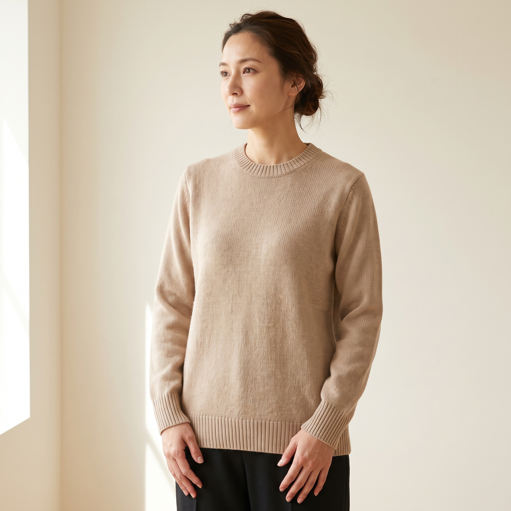 Maglione donna girocollo beige, vista di tre quarti