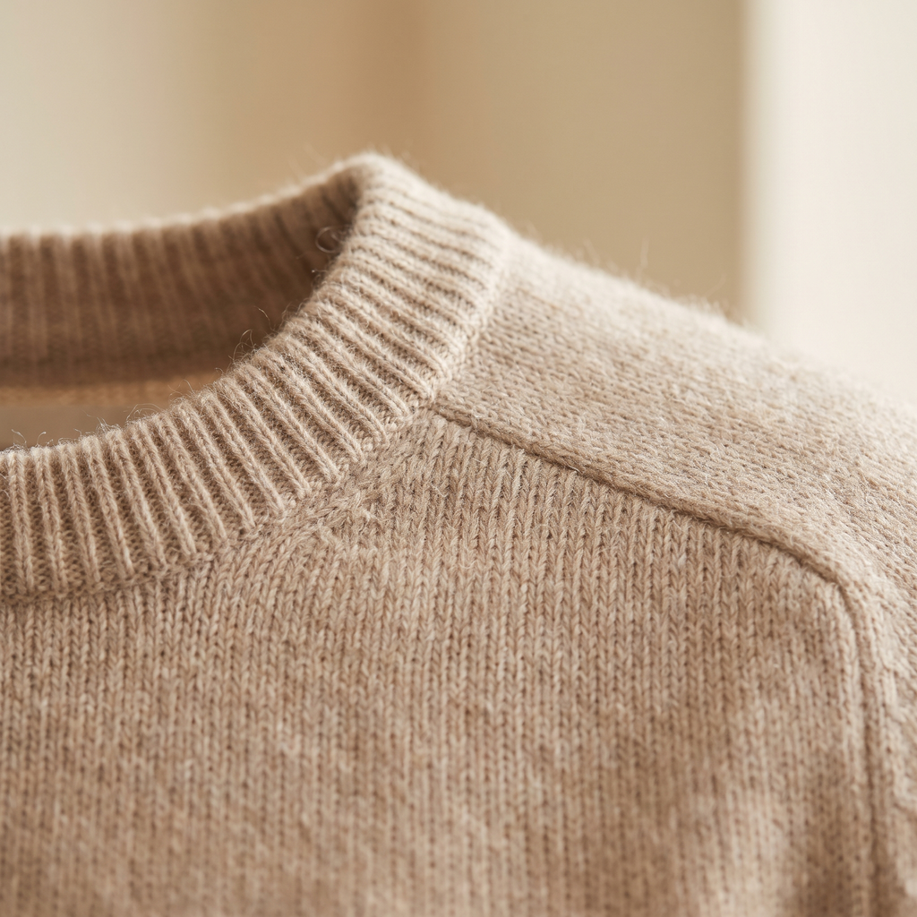 Dettaglio del girocollo a coste e della maglia del maglione donna beige