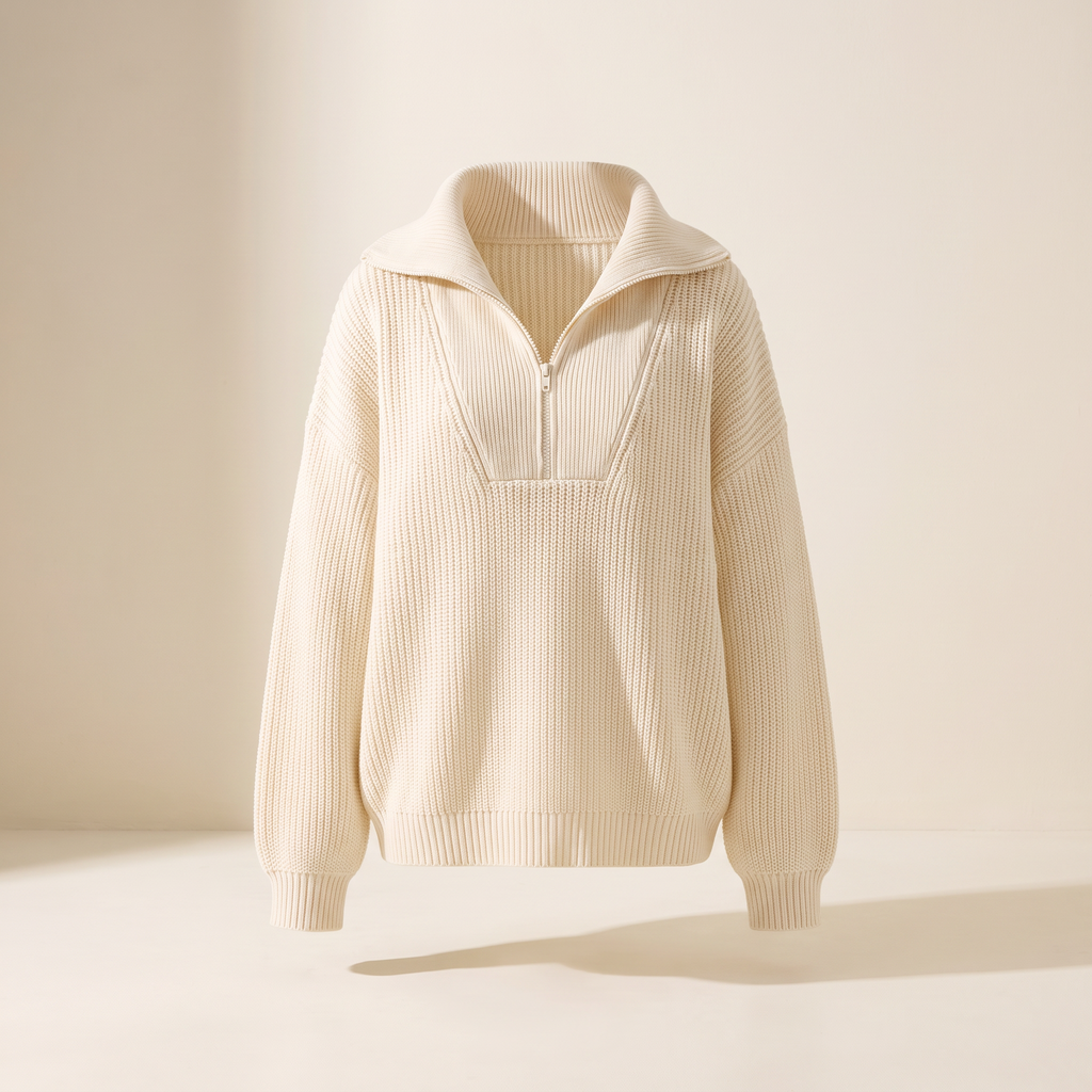 Maglione donna oversize con mezza zip e collo alto, vista frontale