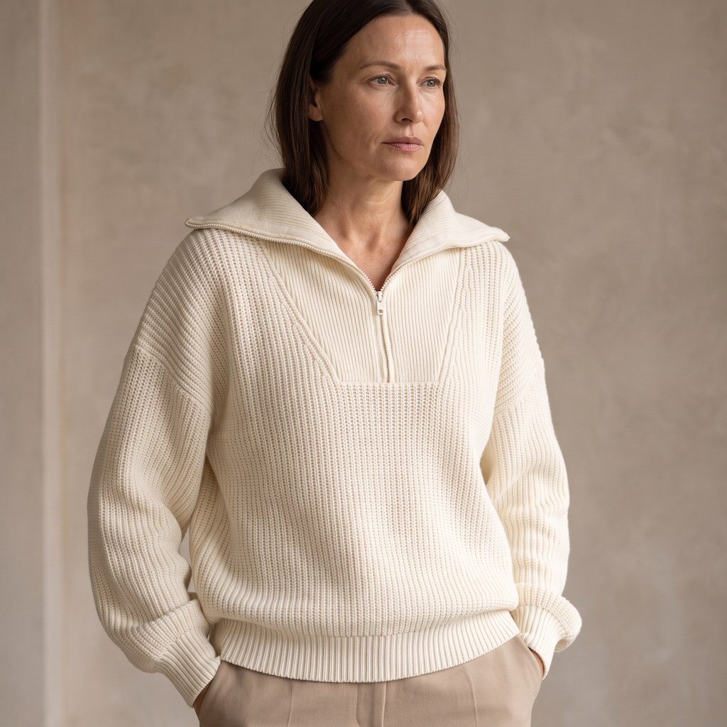 Maglione donna oversize con mezza zip indossato