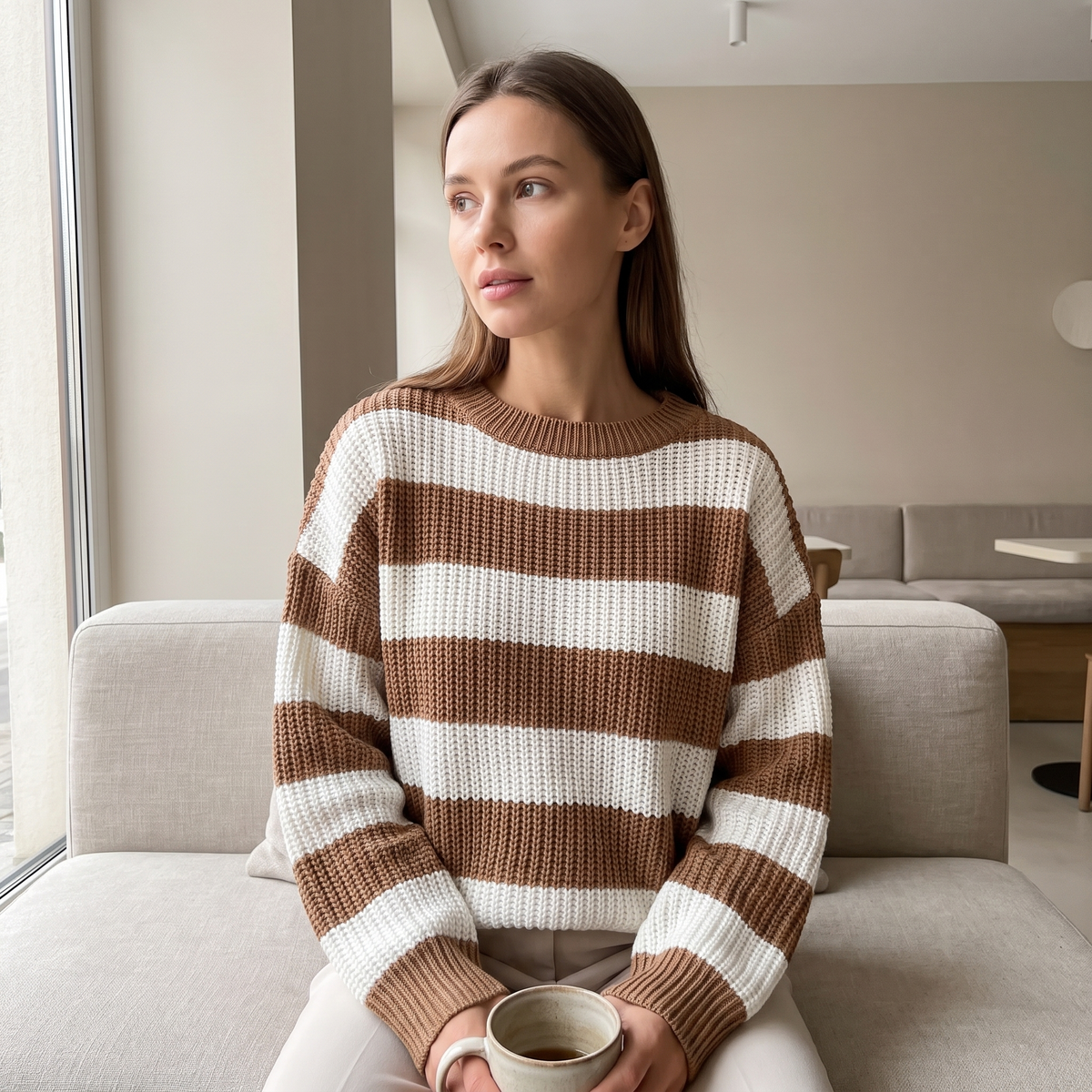 Maglione a righe caffè e bianco indossato in una via europea