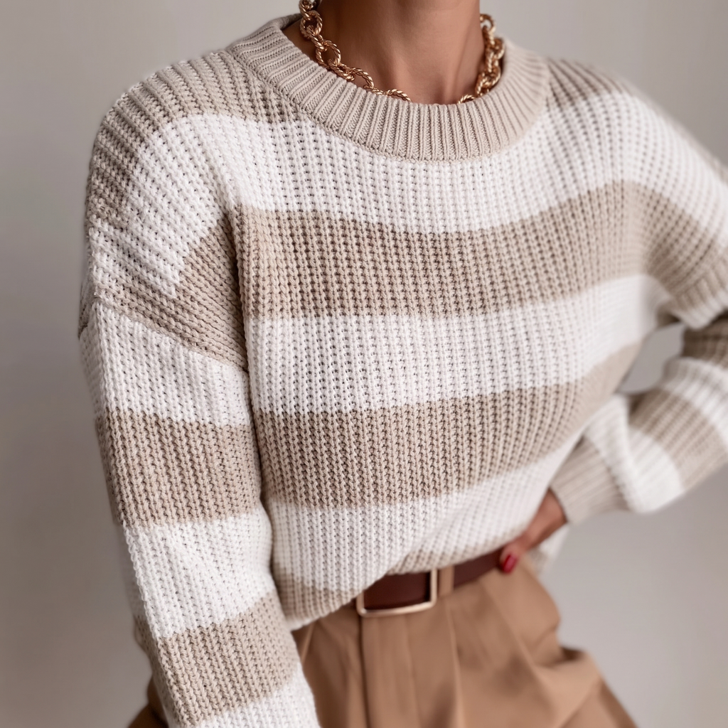 Dettaglio della maglia grossa a righe khaki e bianco e dello scollo rotondo