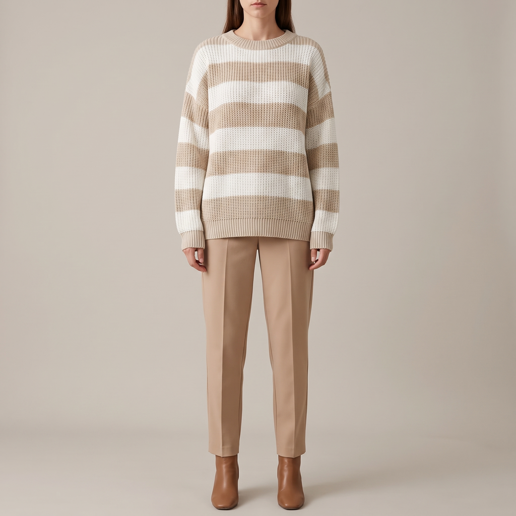 Maglione oversize a righe khaki e bianco indossato a figura intera