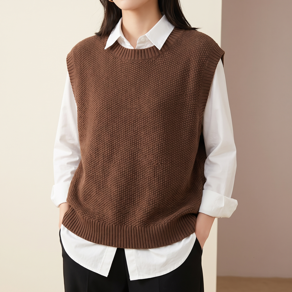 Maglione donna smanicato con scollo rotondo nel colore marrone caldo