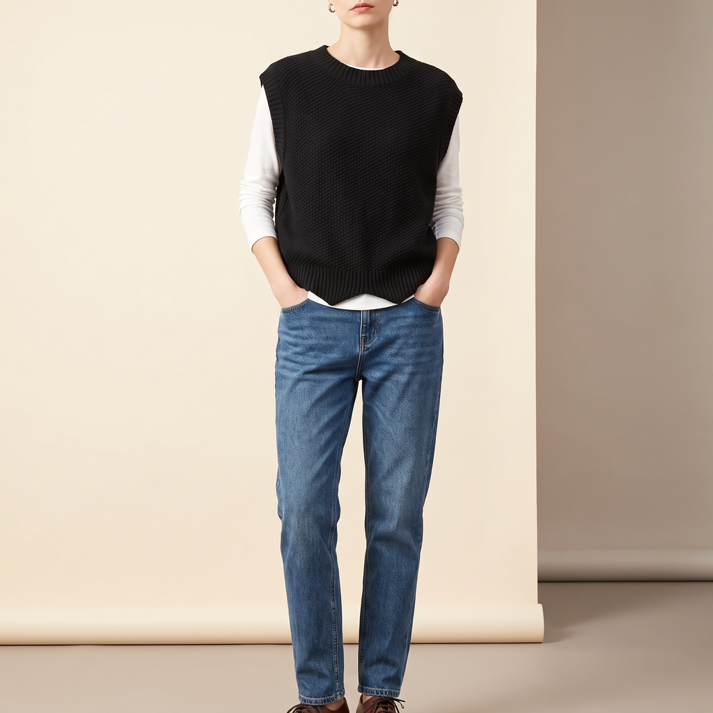 Maglione donna smanicato con scollo rotondo, colore nero, figura intera
