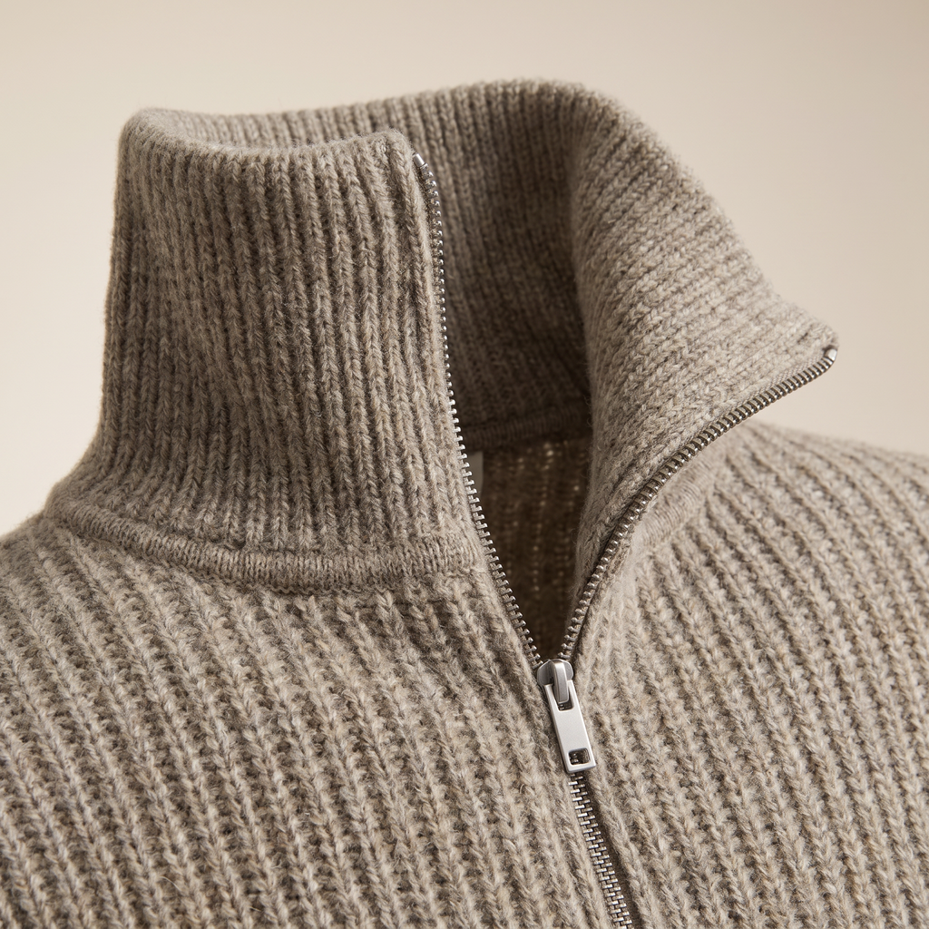 Dettaglio della mezza zip e del collo alto del maglione donna tortora