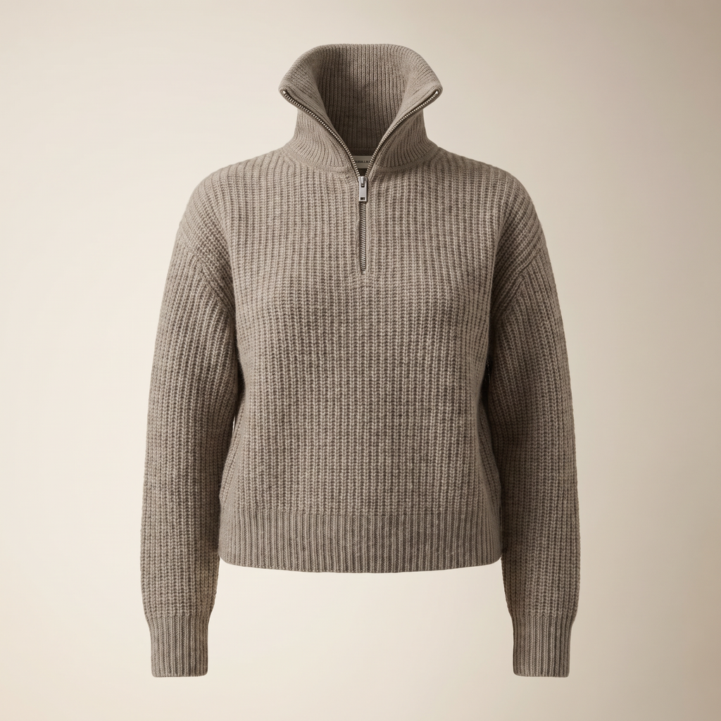 Maglione donna tortora con mezza zip e collo alto, vista frontale