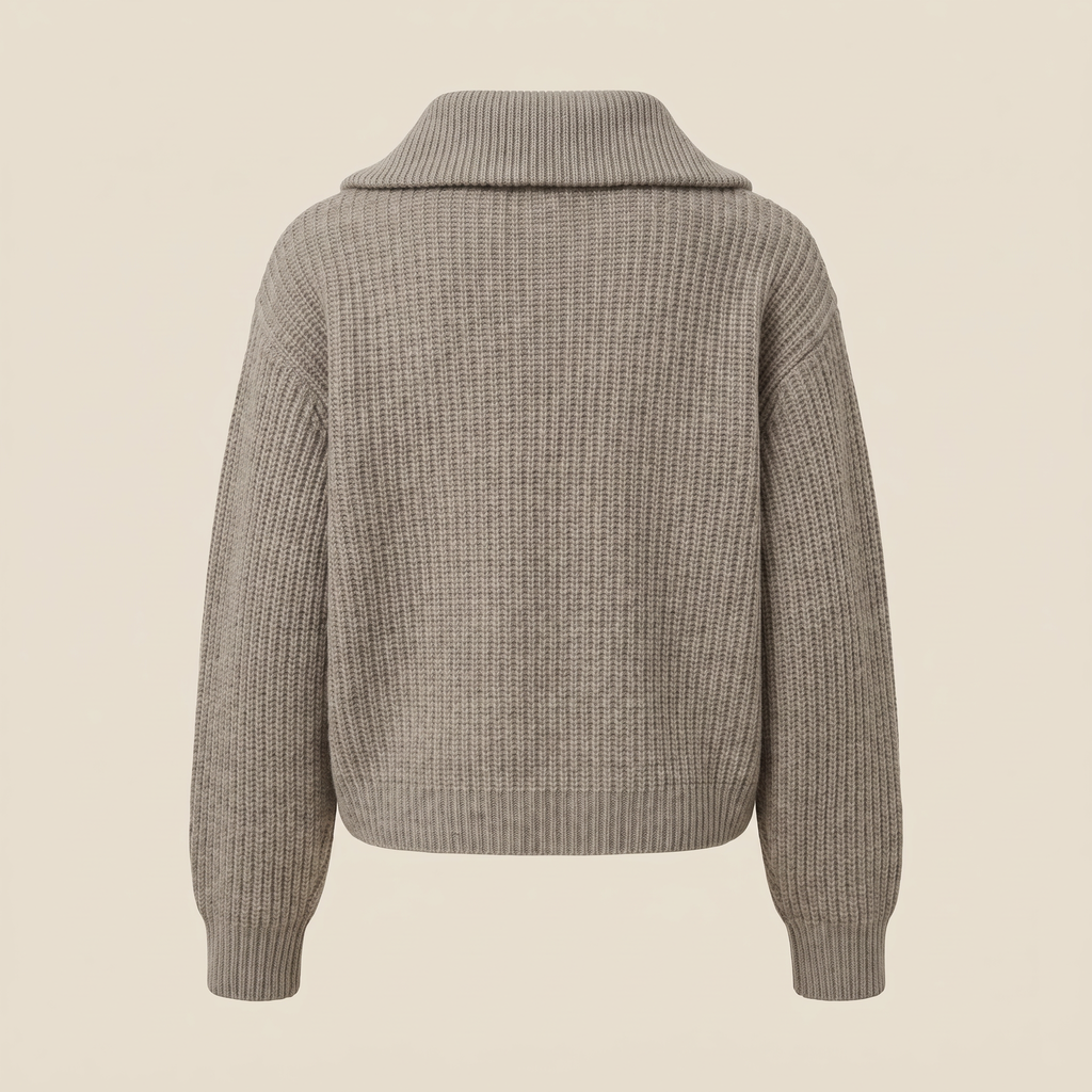 Maglione donna tortora con collo alto, vista posteriore