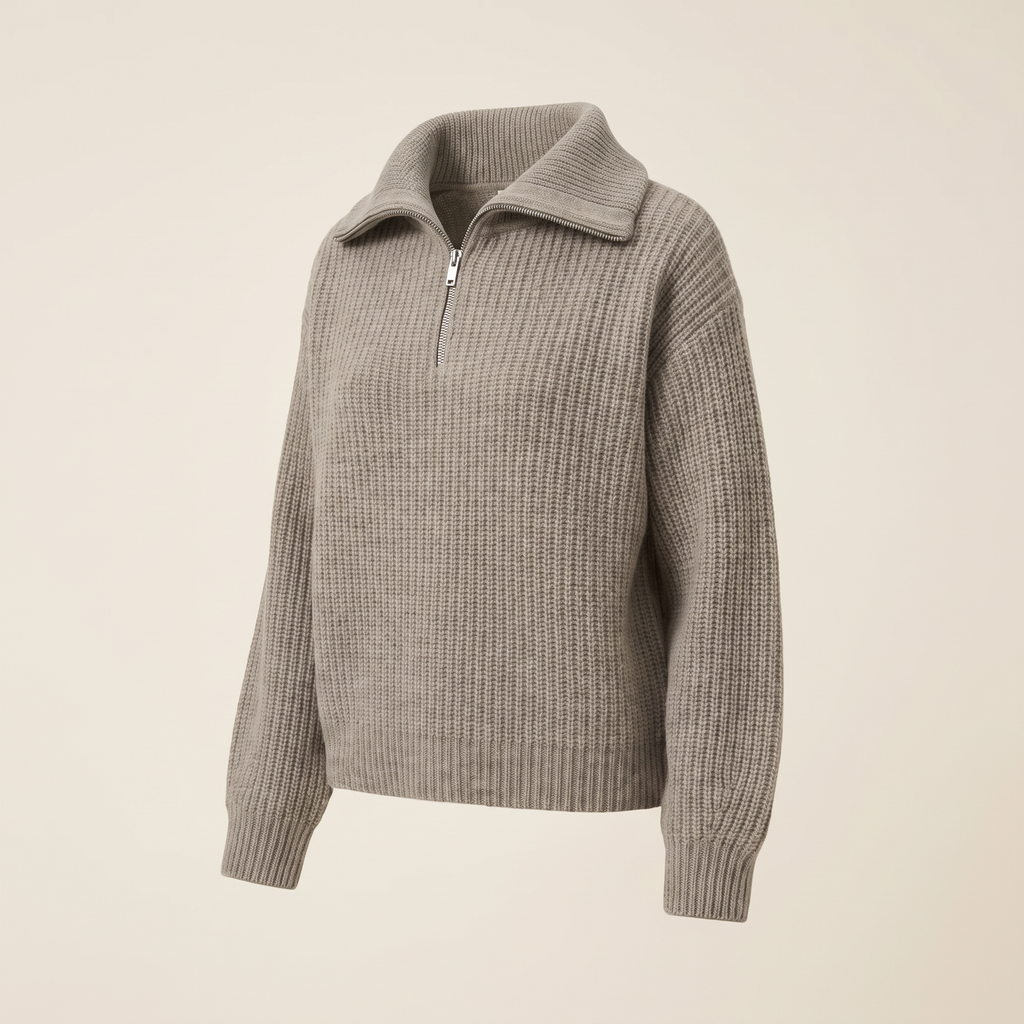 Maglione donna tortora con mezza zip, vista di tre quarti