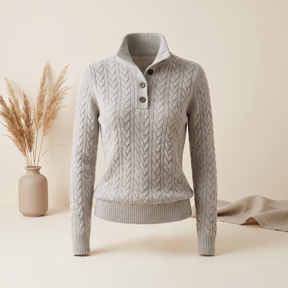 Maglione donna a trecce con bottoni al collo nel colore grigio