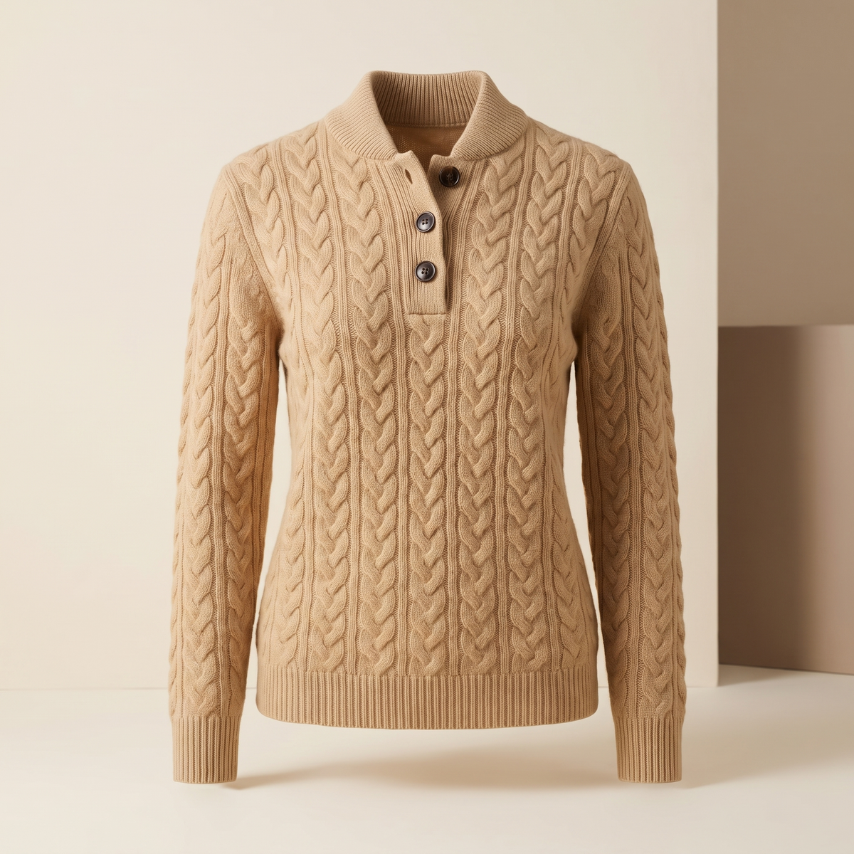 Maglione donna a trecce con bottoni al collo nel colore khaki