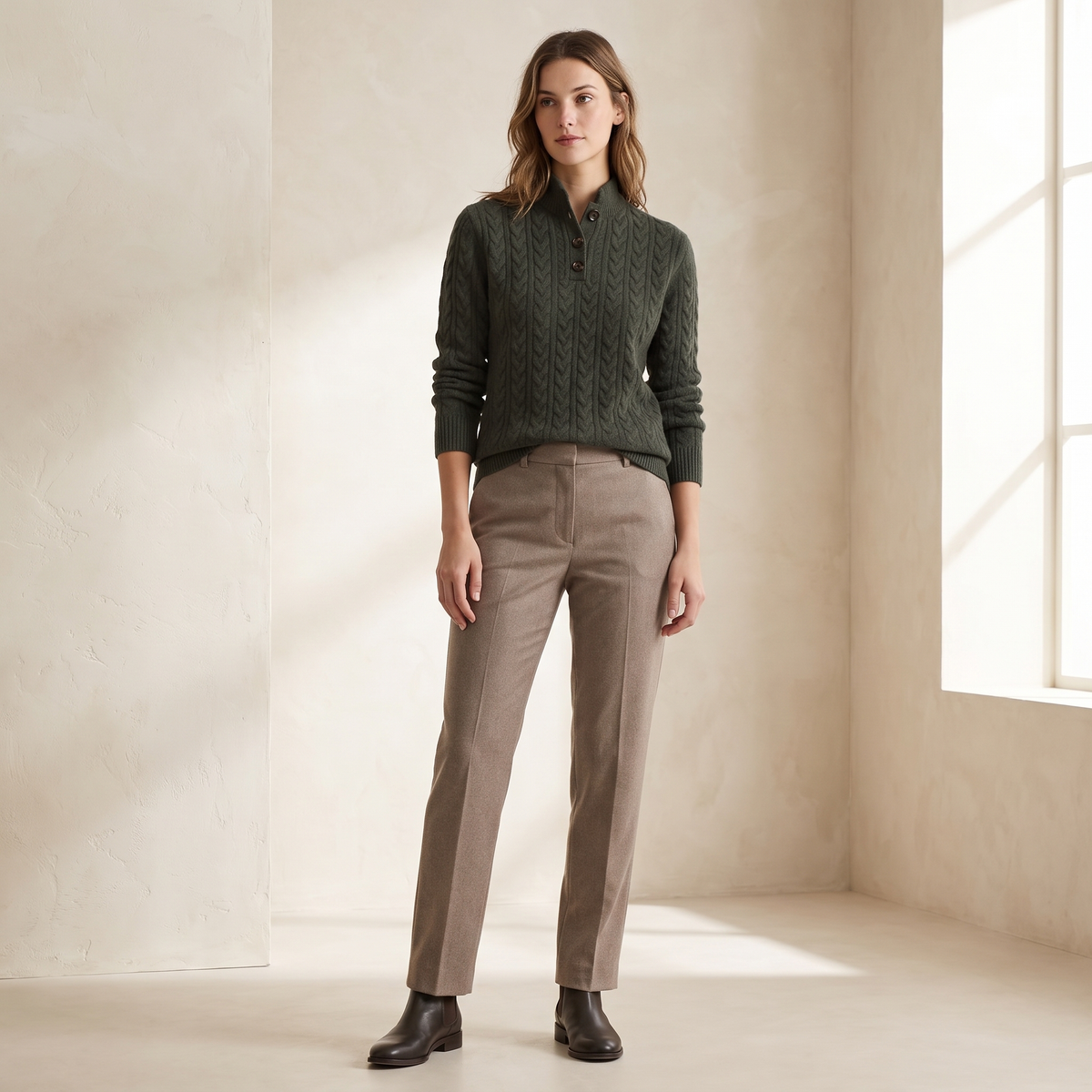 Maglione donna a trecce con bottoni al collo, colore verde oliva, figura intera