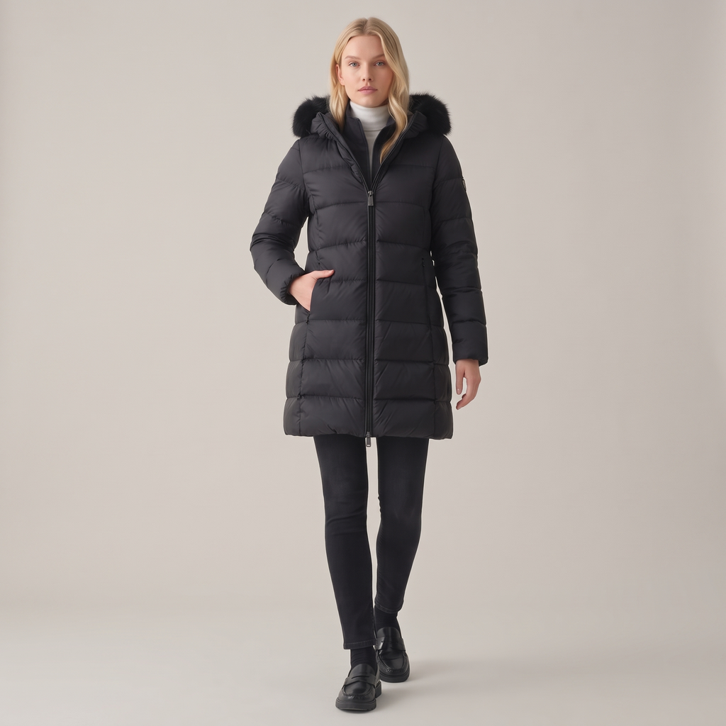 Piumino donna nero imbottito, figura intera