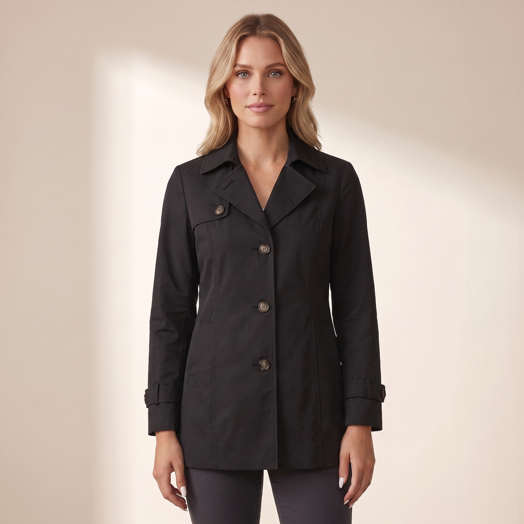 Trench donna nero con colletto a rever, vista frontale