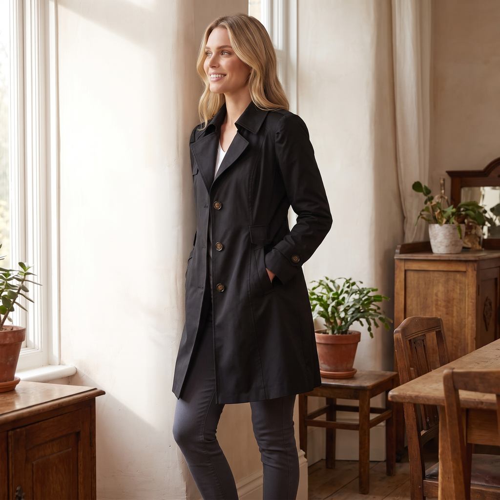 Modella indossa il trench donna nero con colletto a rever in un interno luminoso
