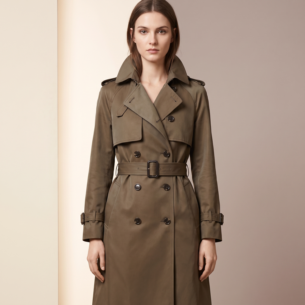 Trench donna doppiopetto di lunghezza media, colore khaki, scatto editoriale