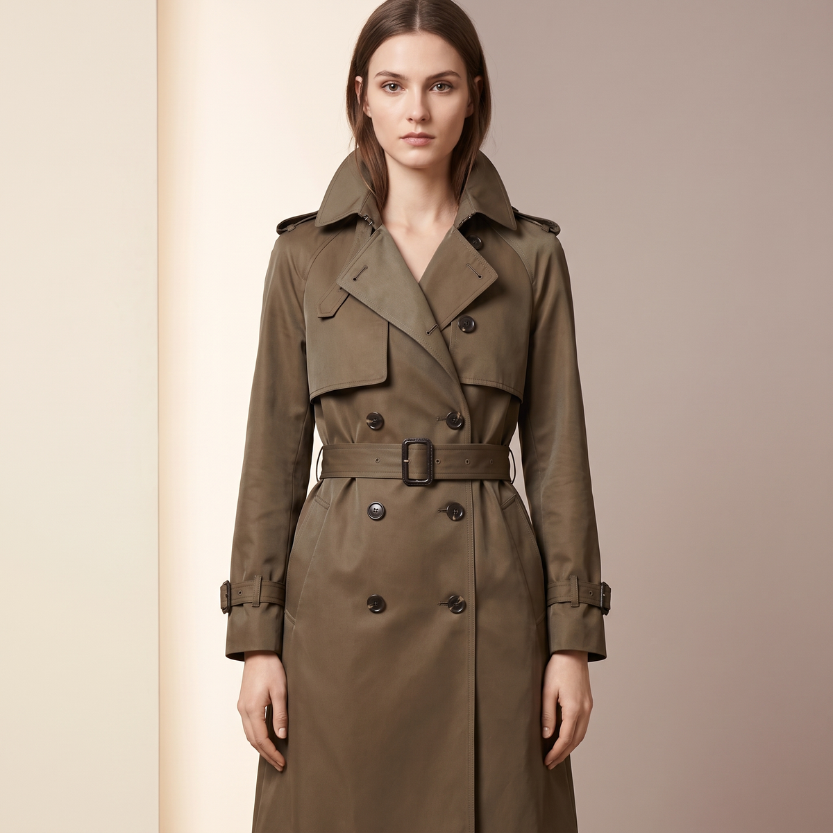 Trench donna doppiopetto di lunghezza media, colore khaki, scatto editoriale