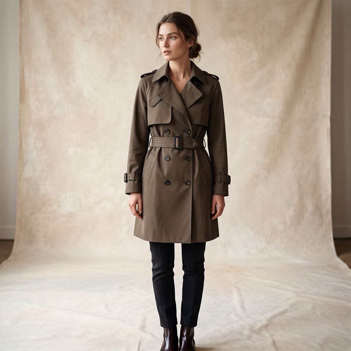 Trench donna doppiopetto di lunghezza media, colore khaki, figura intera