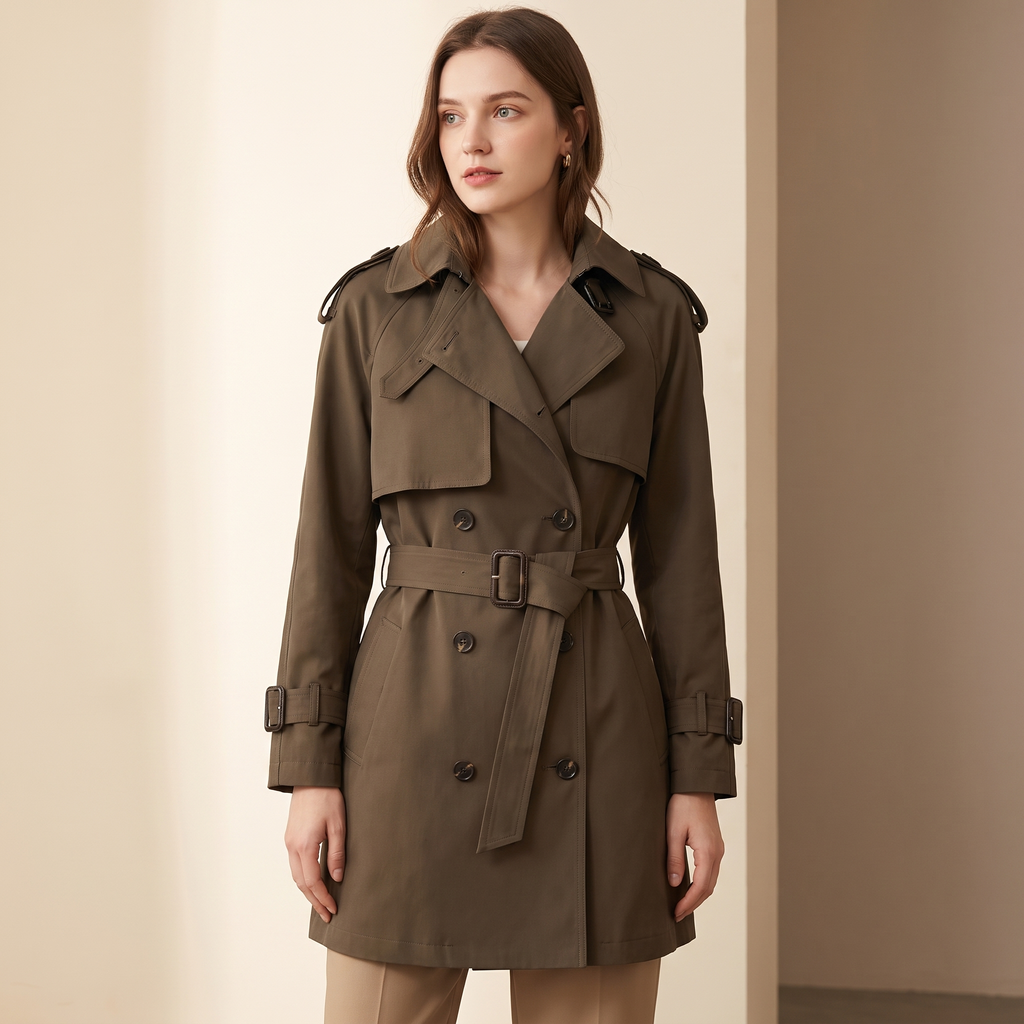 Trench donna doppiopetto di lunghezza media, colore khaki, scatto lifestyle