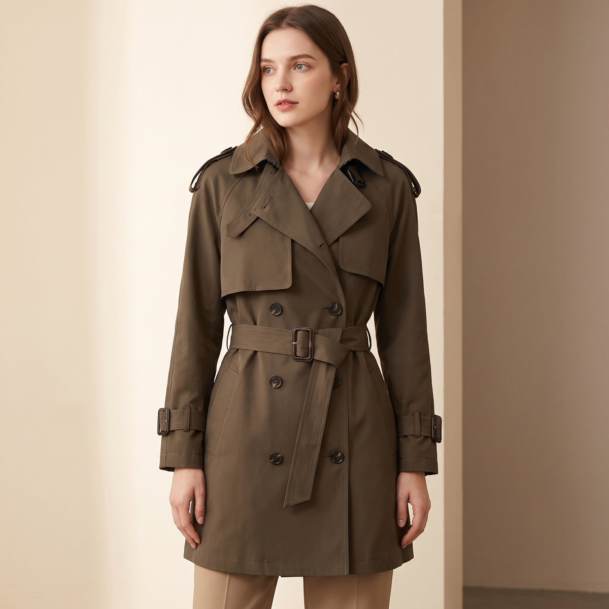 Trench donna doppiopetto di lunghezza media, colore khaki, scatto lifestyle