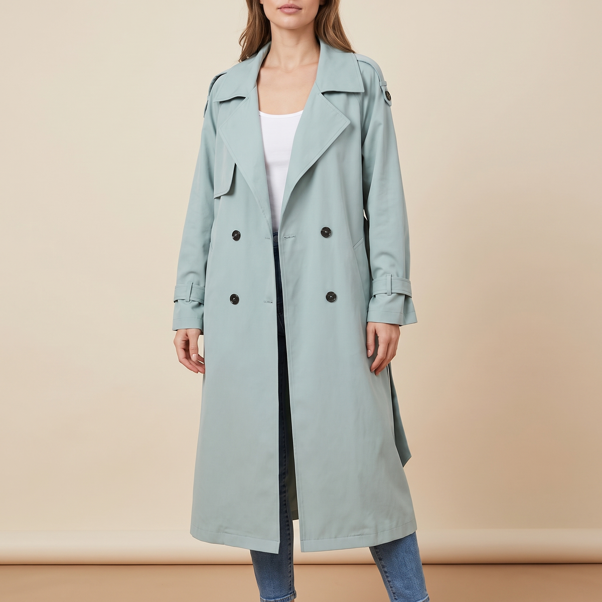 Trench lungo donna doppiopetto azzurro chiaro, vista frontale