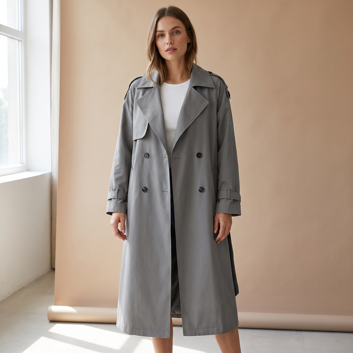 Trench lungo donna doppiopetto grigio, vista frontale