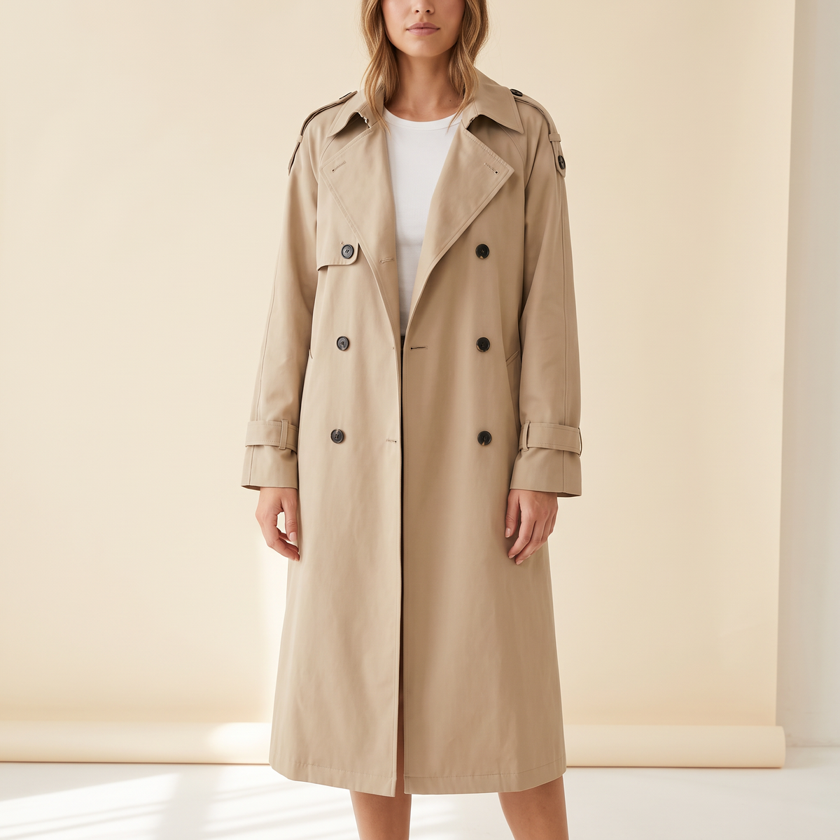 Trench lungo donna doppiopetto khaki, vista frontale