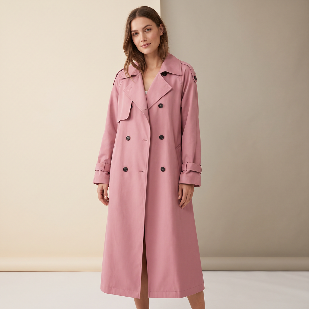 Trench lungo donna doppiopetto rosa, figura intera
