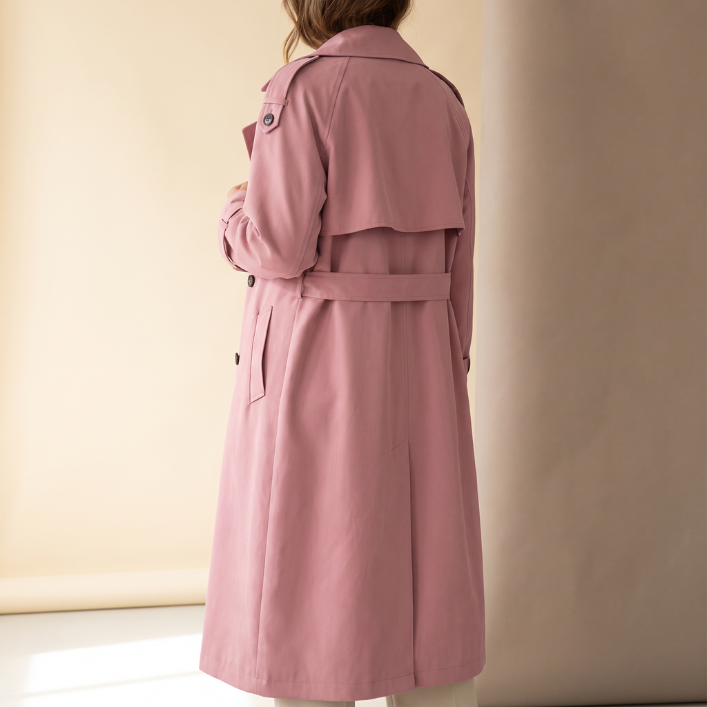 Trench lungo donna doppiopetto rosa, vista posteriore